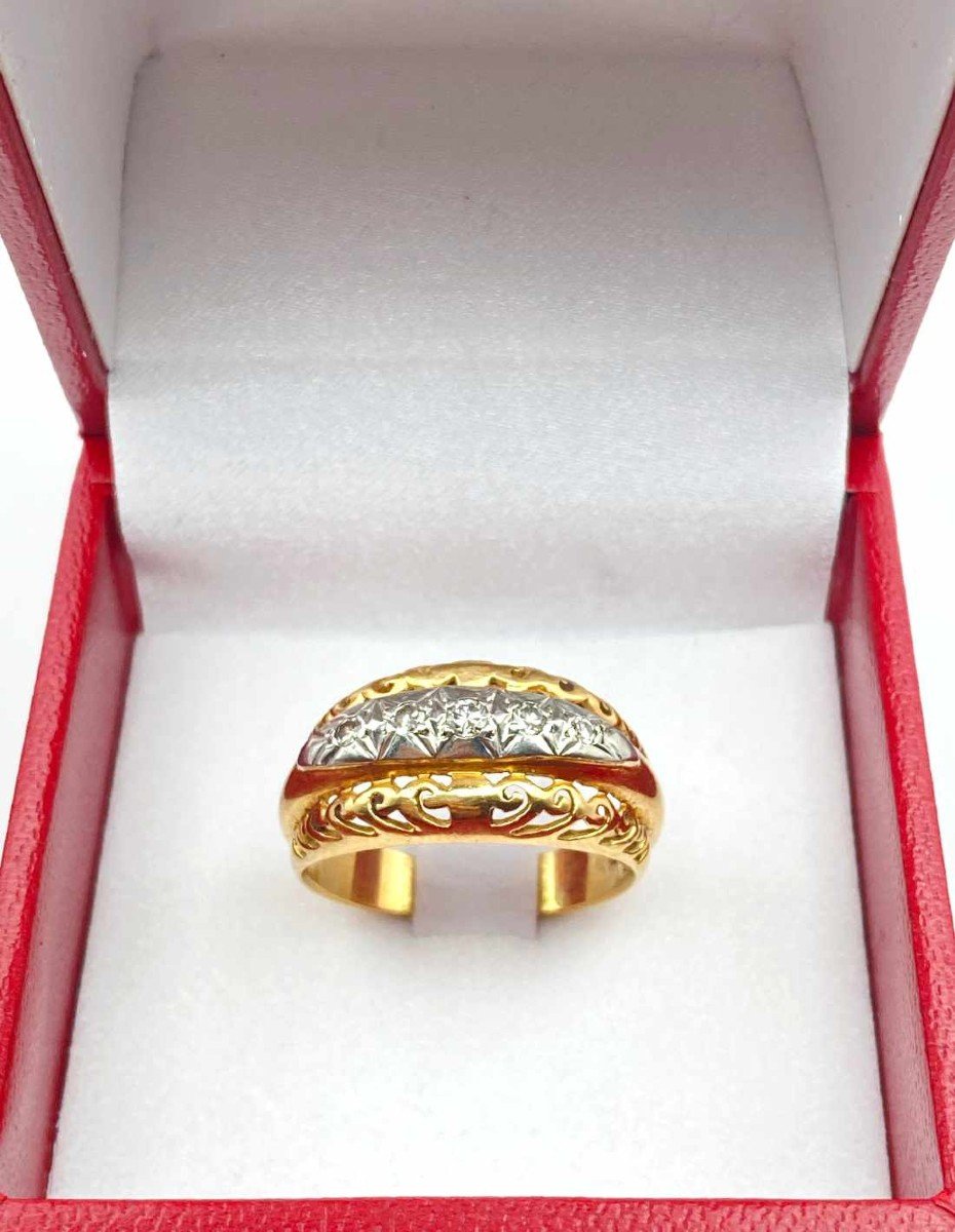 Chiseled Ring In Yellow Gold, Platinum & Diamonds-photo-4