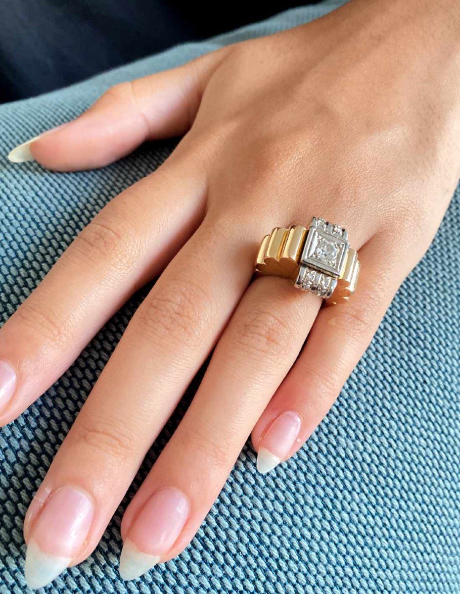 Vintage Tank Ring Gold, Platinum & Diamonds-photo-2