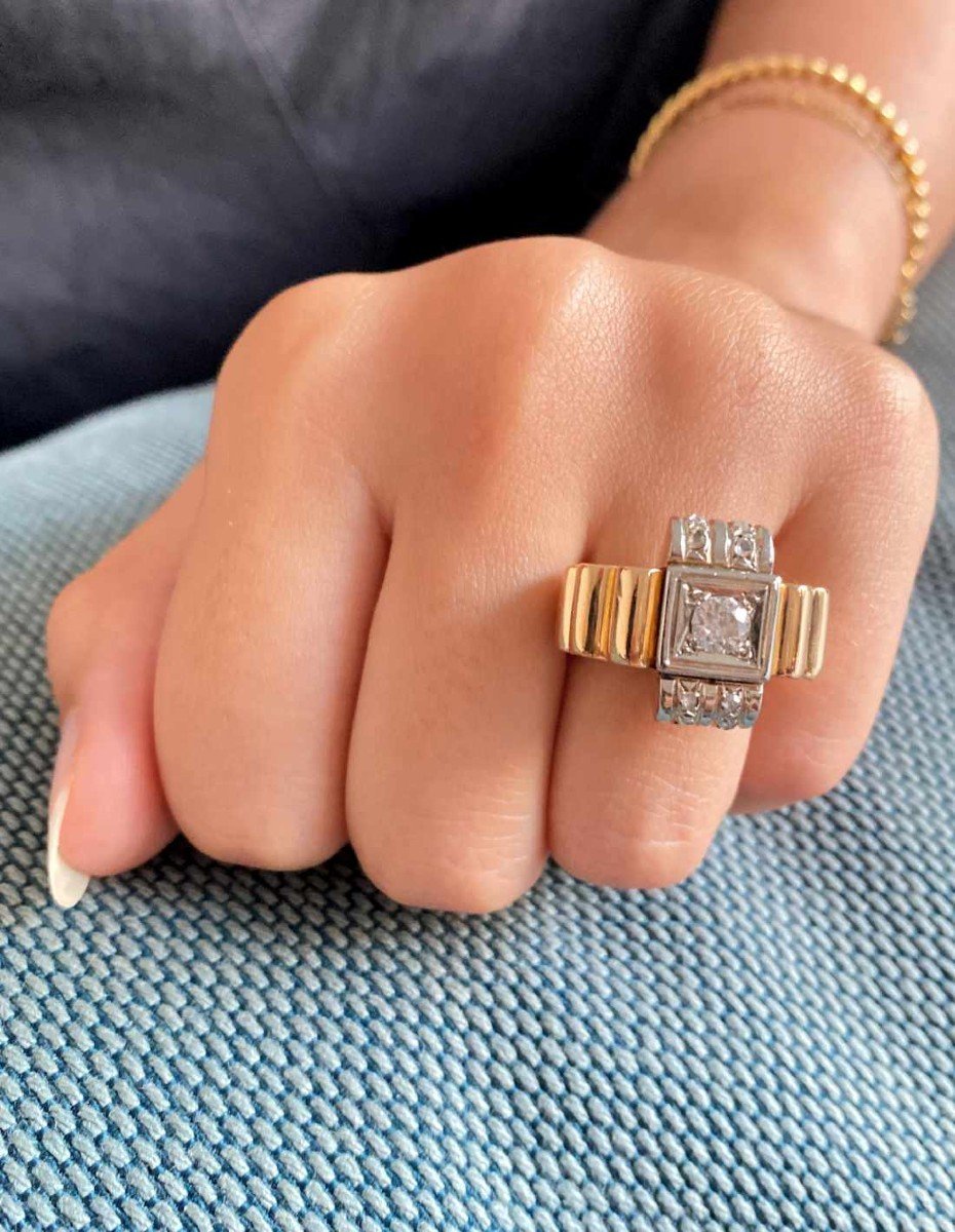Vintage Tank Ring Gold, Platinum & Diamonds-photo-3