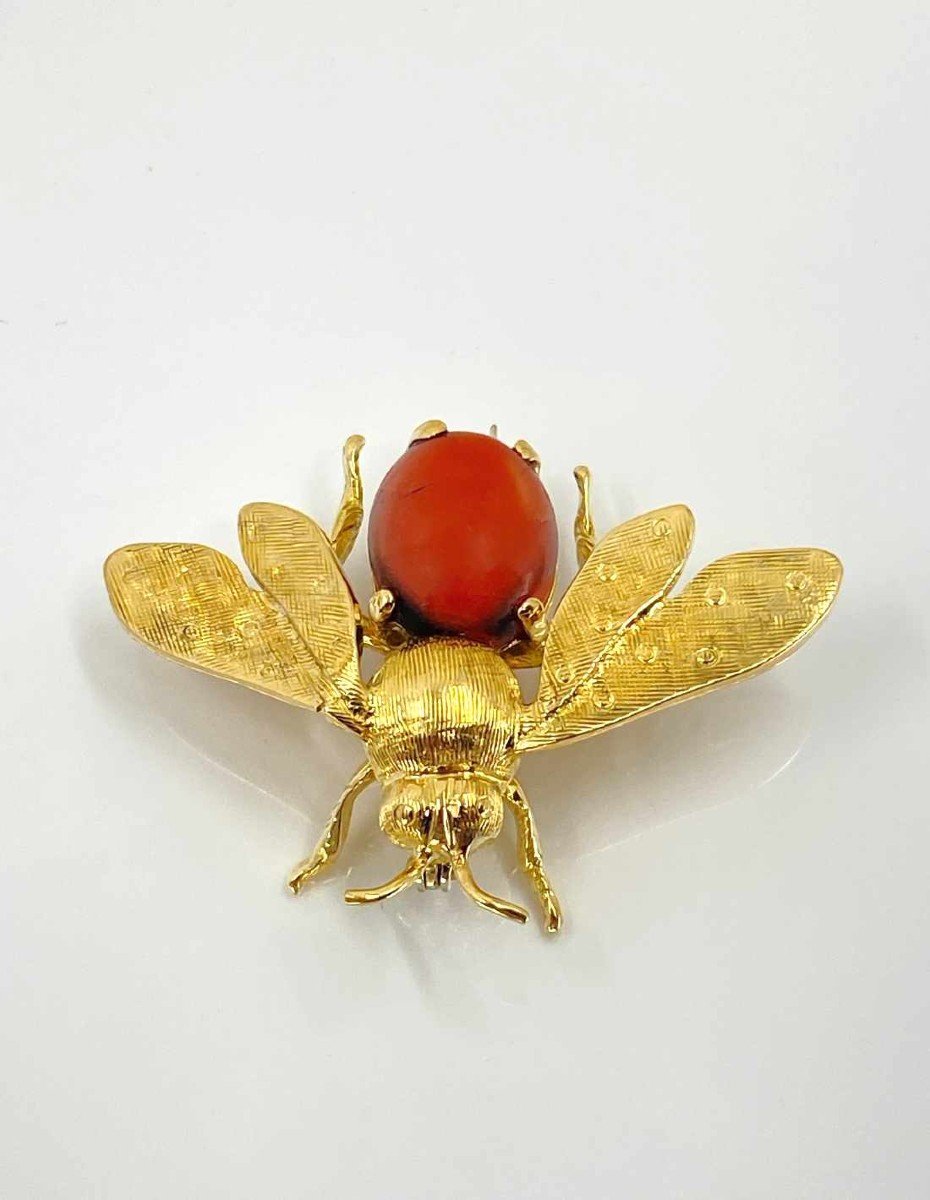 Broche Vintage Abeille Or Jaune & Corail-photo-2