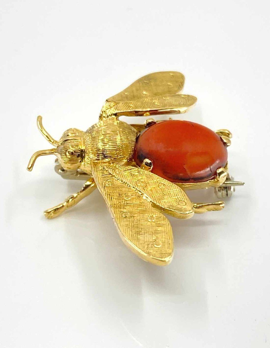 Broche Vintage Abeille Or Jaune & Corail-photo-3