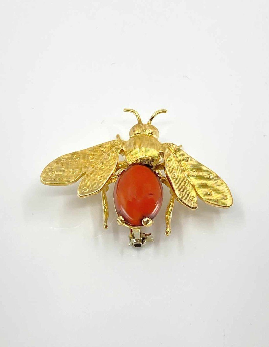 Broche Vintage Abeille Or Jaune & Corail-photo-4