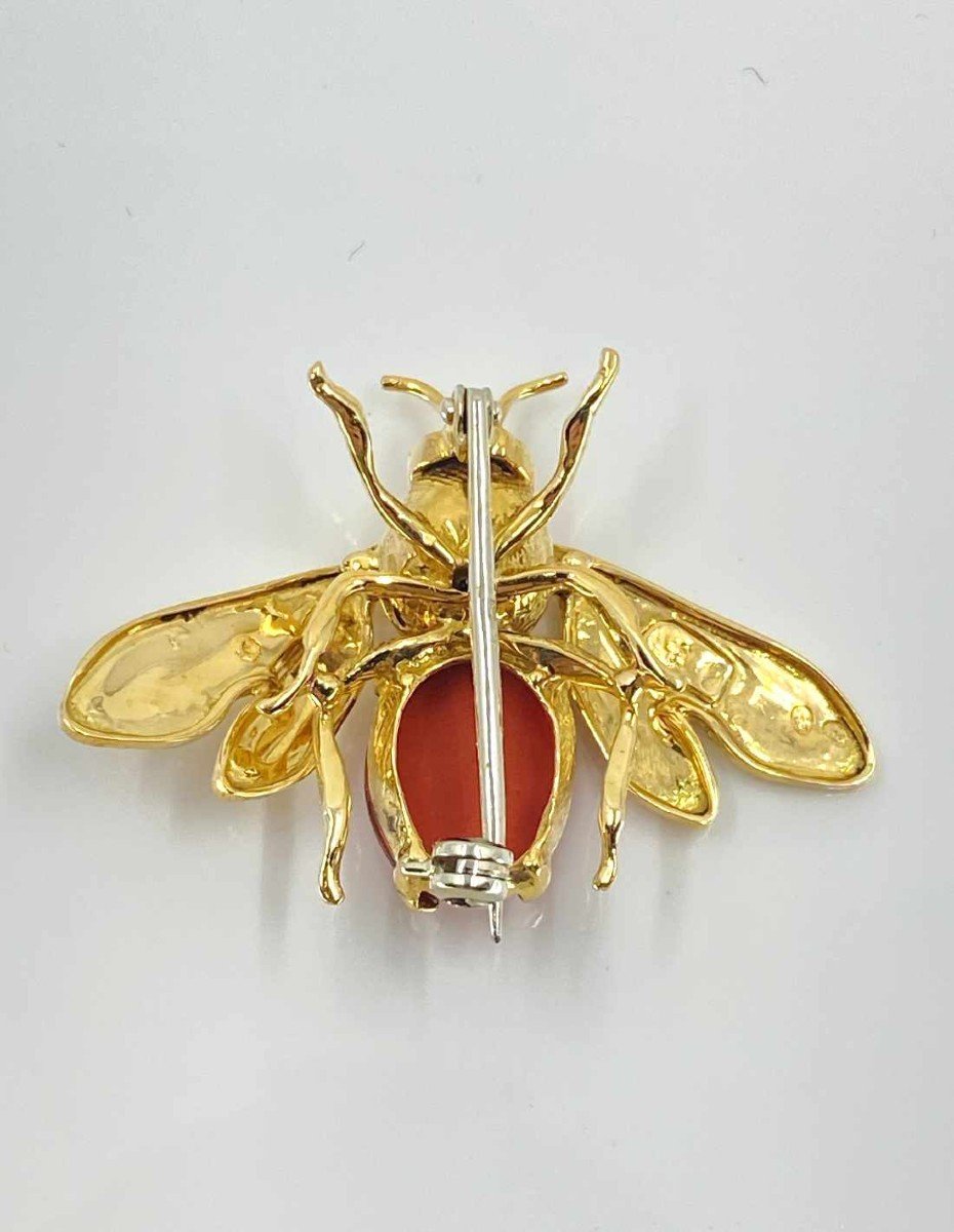 Broche Vintage Abeille Or Jaune & Corail-photo-1