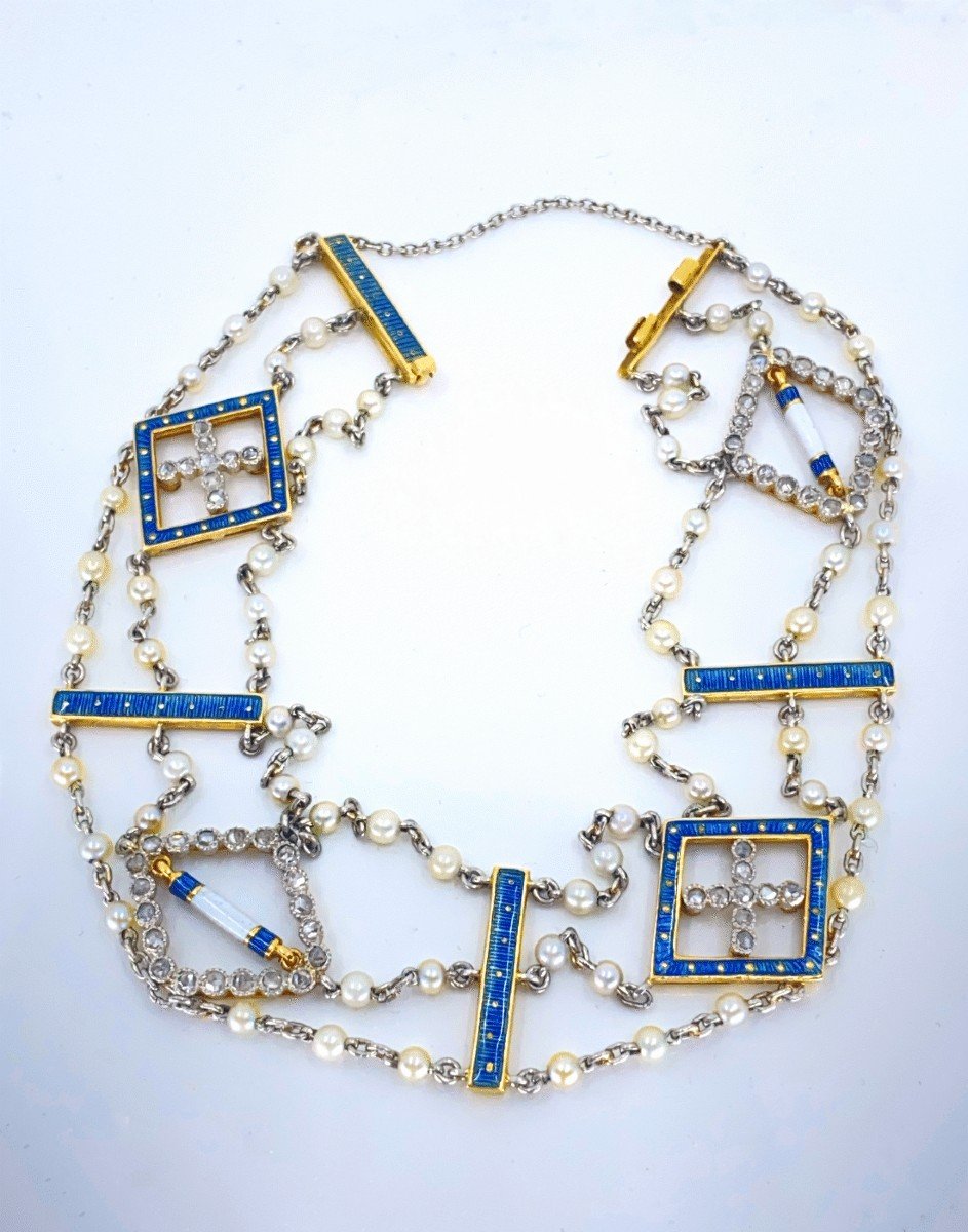 Art Deco Bracelet Gold Platinum Natural Pearls Enamels & Diamonds-photo-2