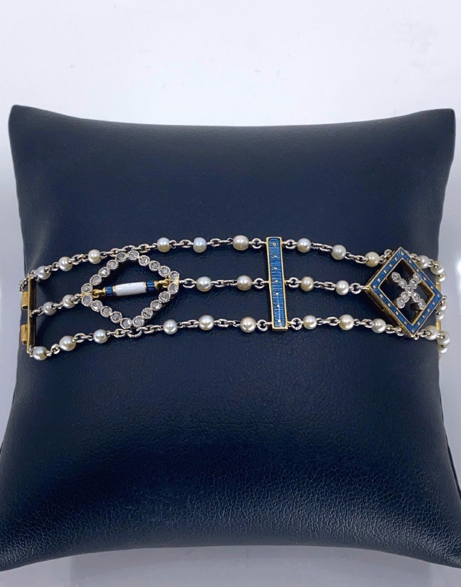 Art Deco Bracelet Gold Platinum Natural Pearls Enamels & Diamonds-photo-1