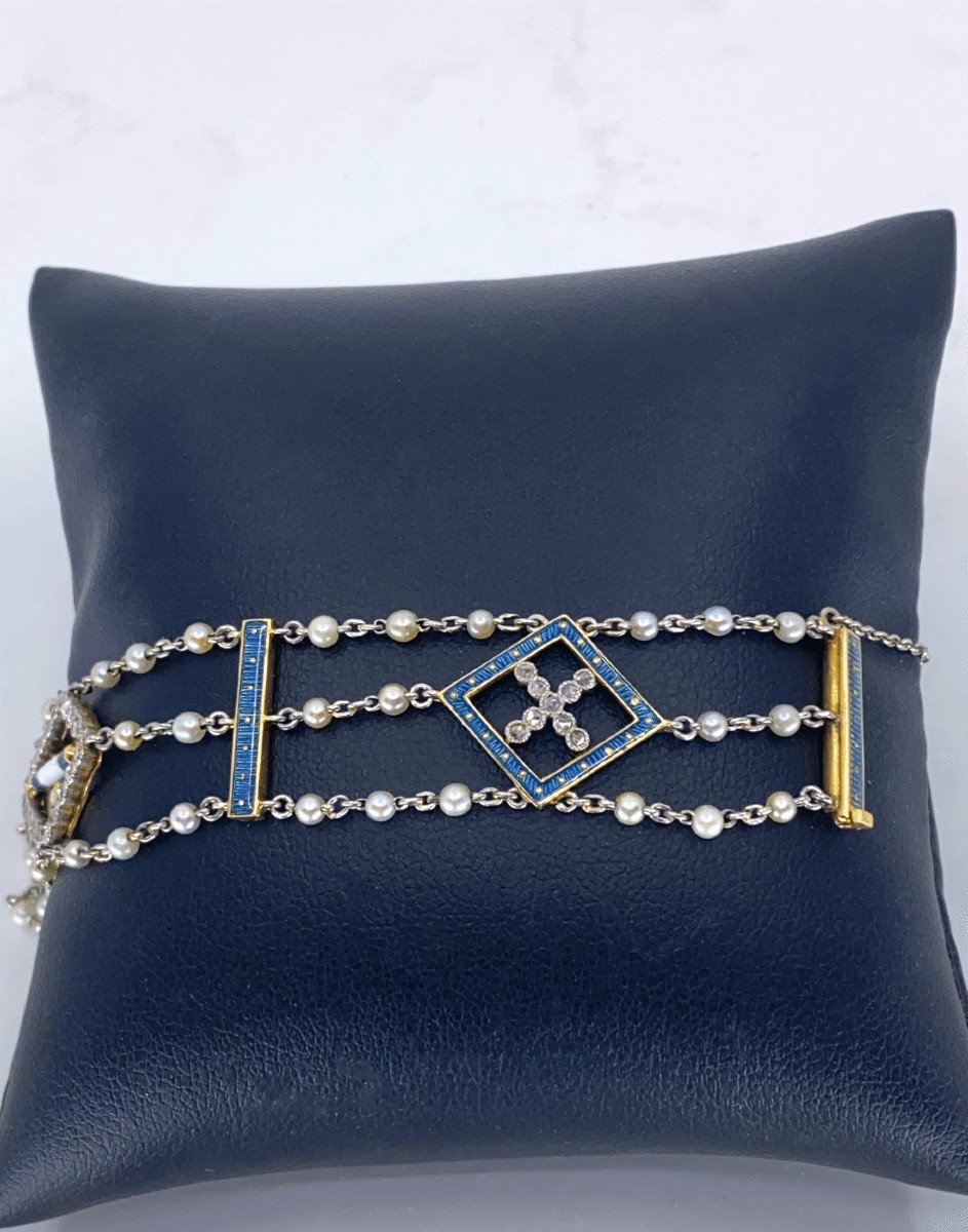 Art Deco Bracelet Gold Platinum Natural Pearls Enamels & Diamonds-photo-2