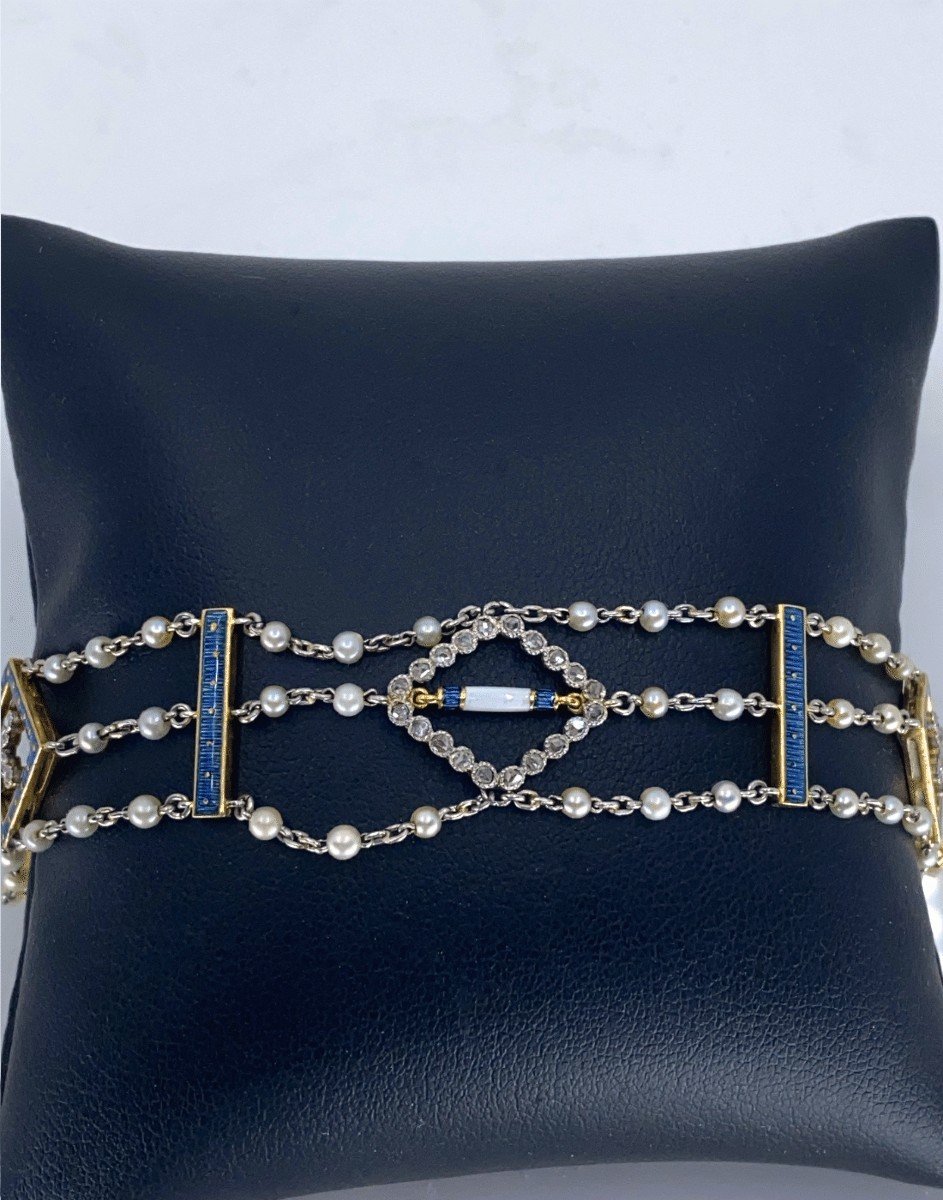 Art Deco Bracelet Gold Platinum Natural Pearls Enamels & Diamonds-photo-3