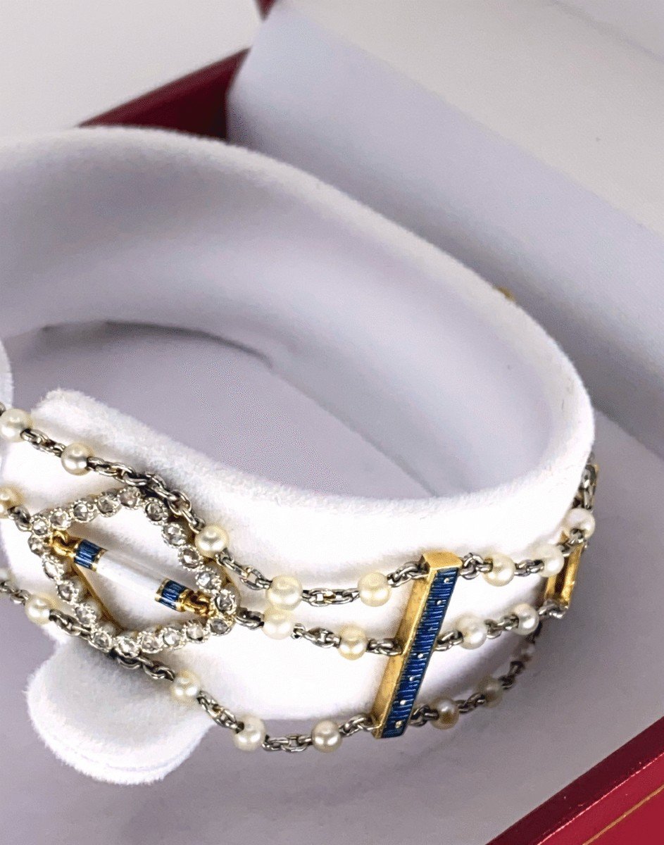 Art Deco Bracelet Gold Platinum Natural Pearls Enamels & Diamonds-photo-4
