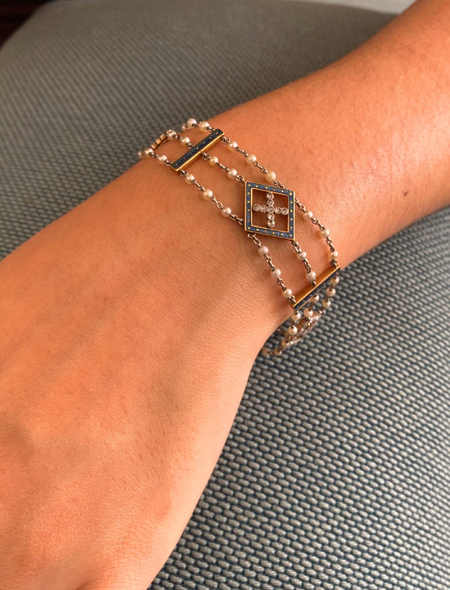 Art Deco Bracelet Gold Platinum Natural Pearls Enamels & Diamonds-photo-8
