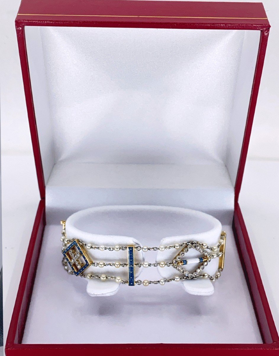 Art Deco Bracelet Gold Platinum Natural Pearls Enamels & Diamonds