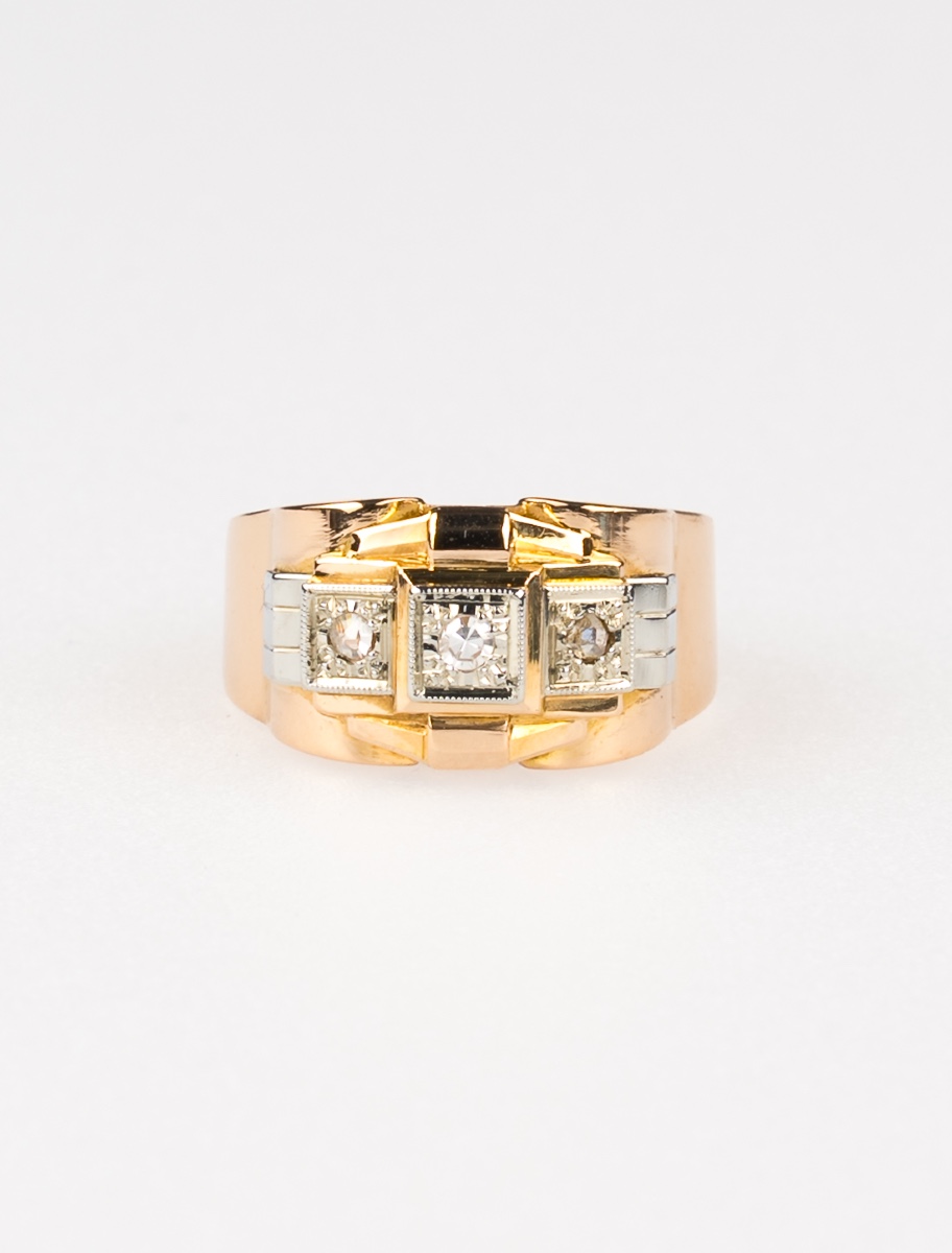 Tank Ring In Yellow Gold, White Gold & Diamonds