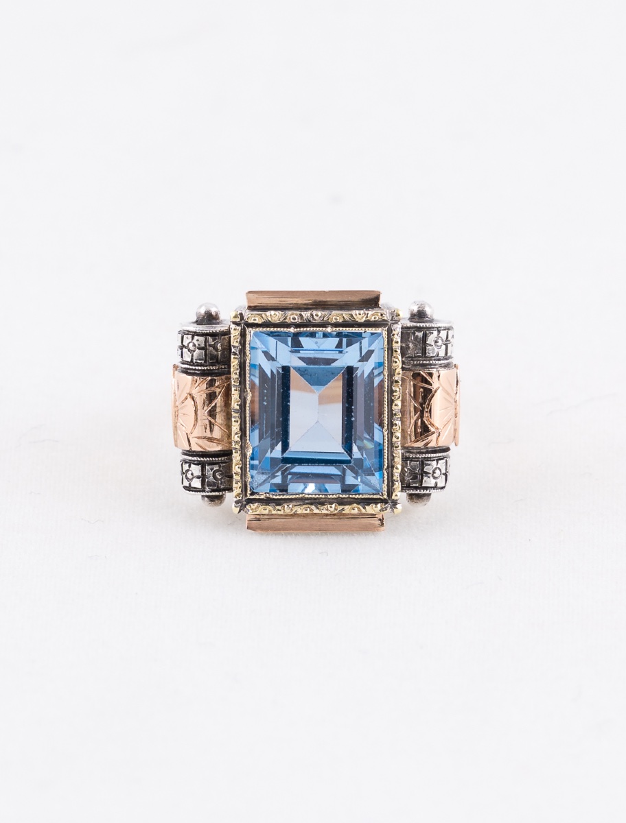 Art Deco Blue Spinel Gold & Silver Ring-photo-2