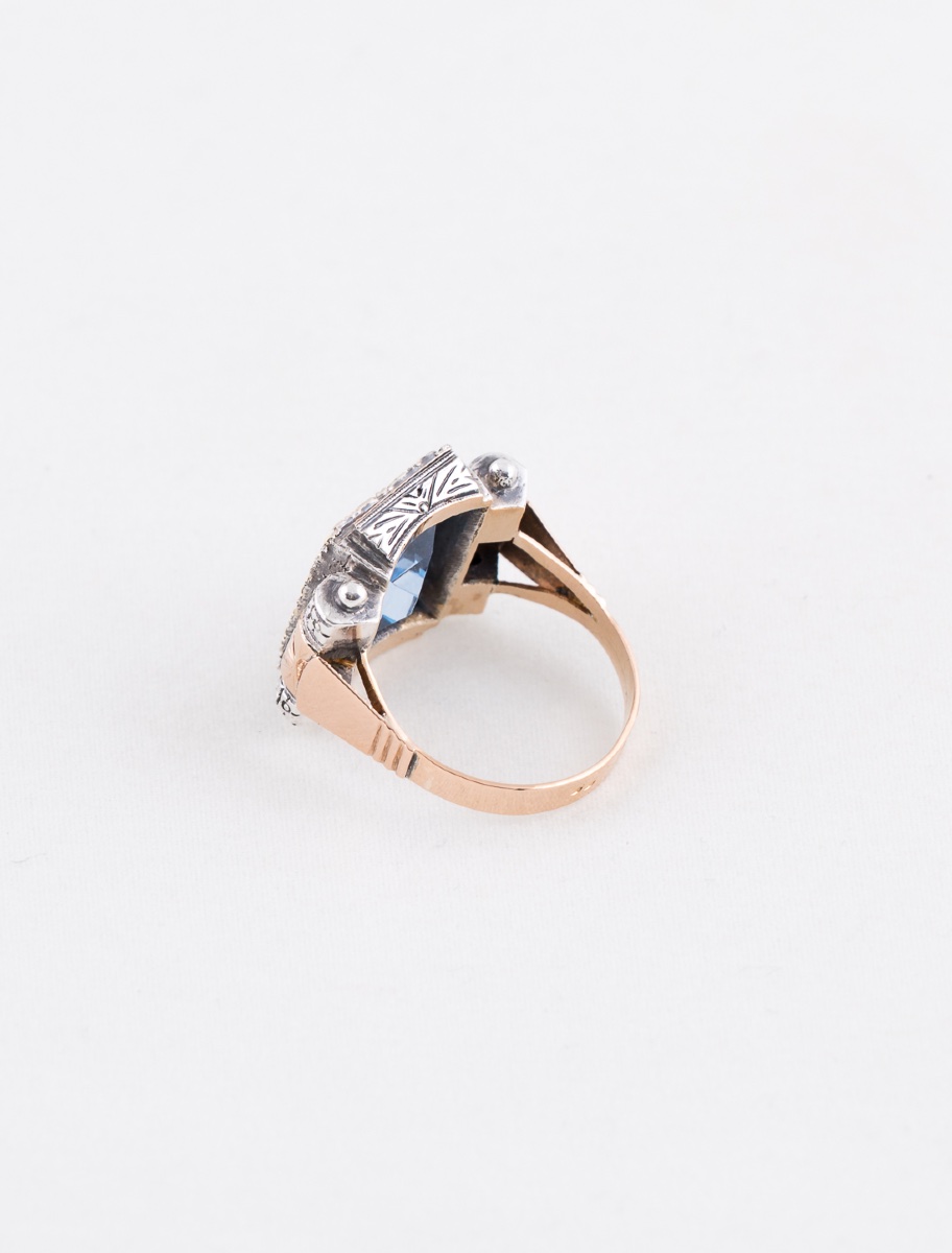 Art Deco Blue Spinel Gold & Silver Ring-photo-3
