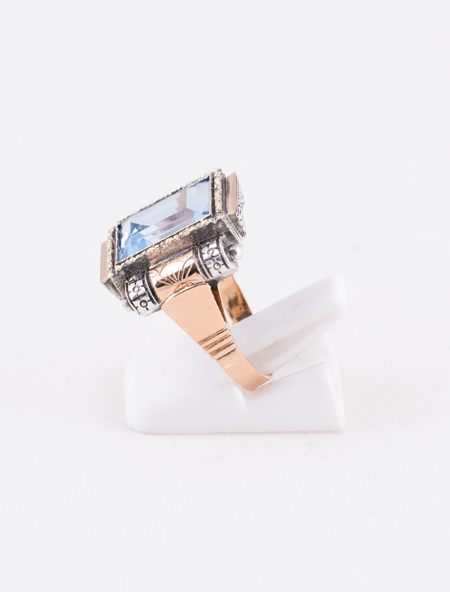 Art Deco Blue Spinel Gold & Silver Ring-photo-4