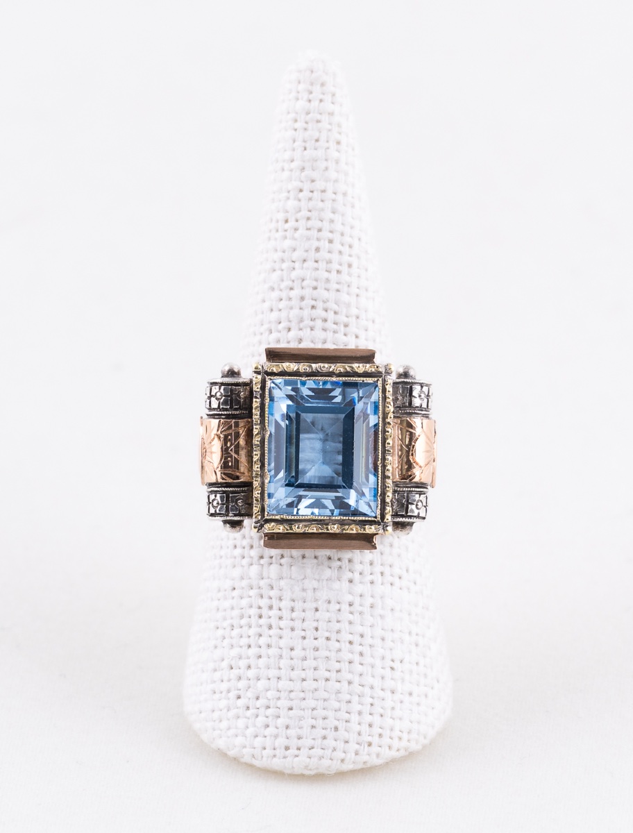 Art Deco Blue Spinel Gold & Silver Ring-photo-1