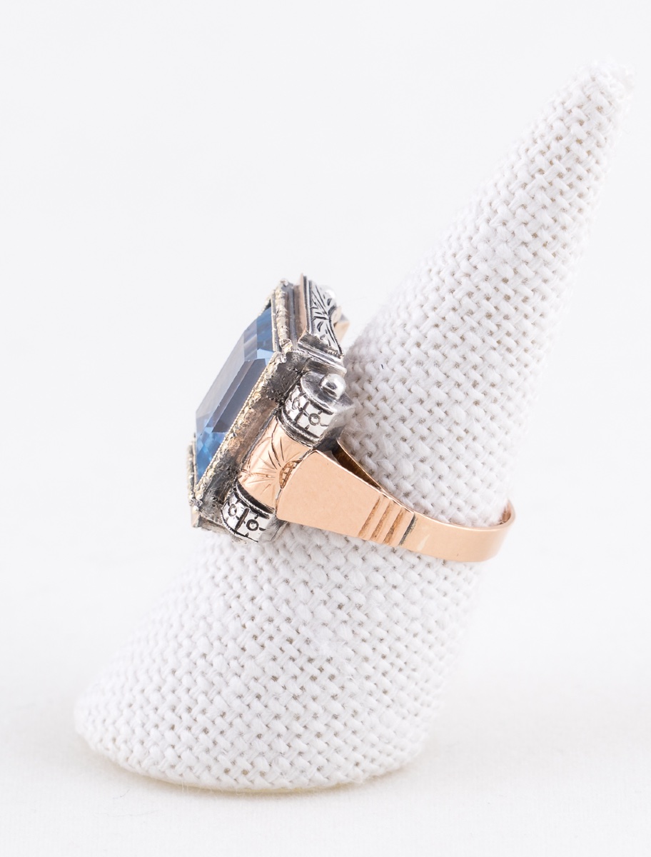 Art Deco Blue Spinel Gold & Silver Ring-photo-2