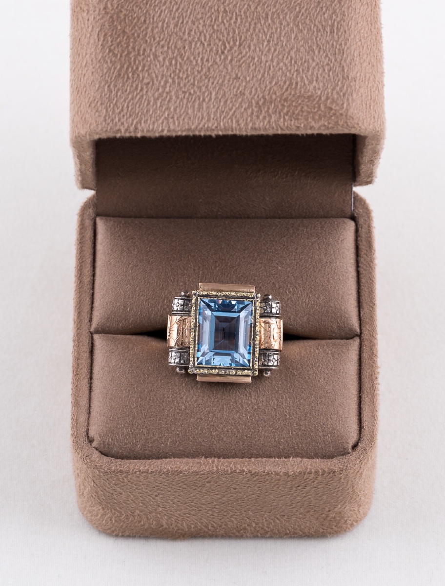 Art Deco Blue Spinel Gold & Silver Ring-photo-3