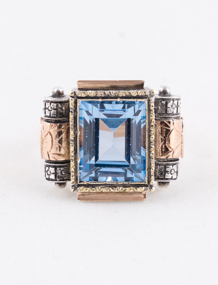 Art Deco Blue Spinel Gold & Silver Ring
