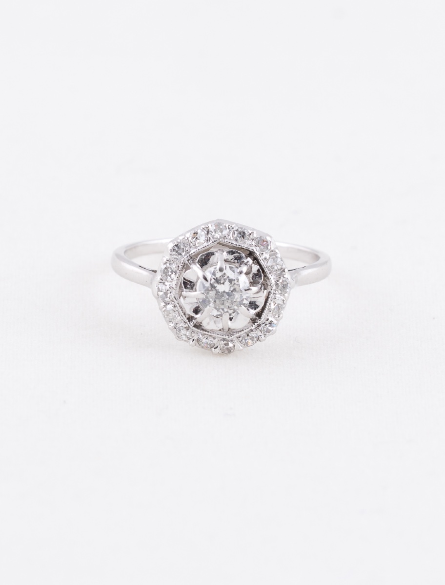 Octagonal Art Deco Platinum & Diamond Ring-photo-2