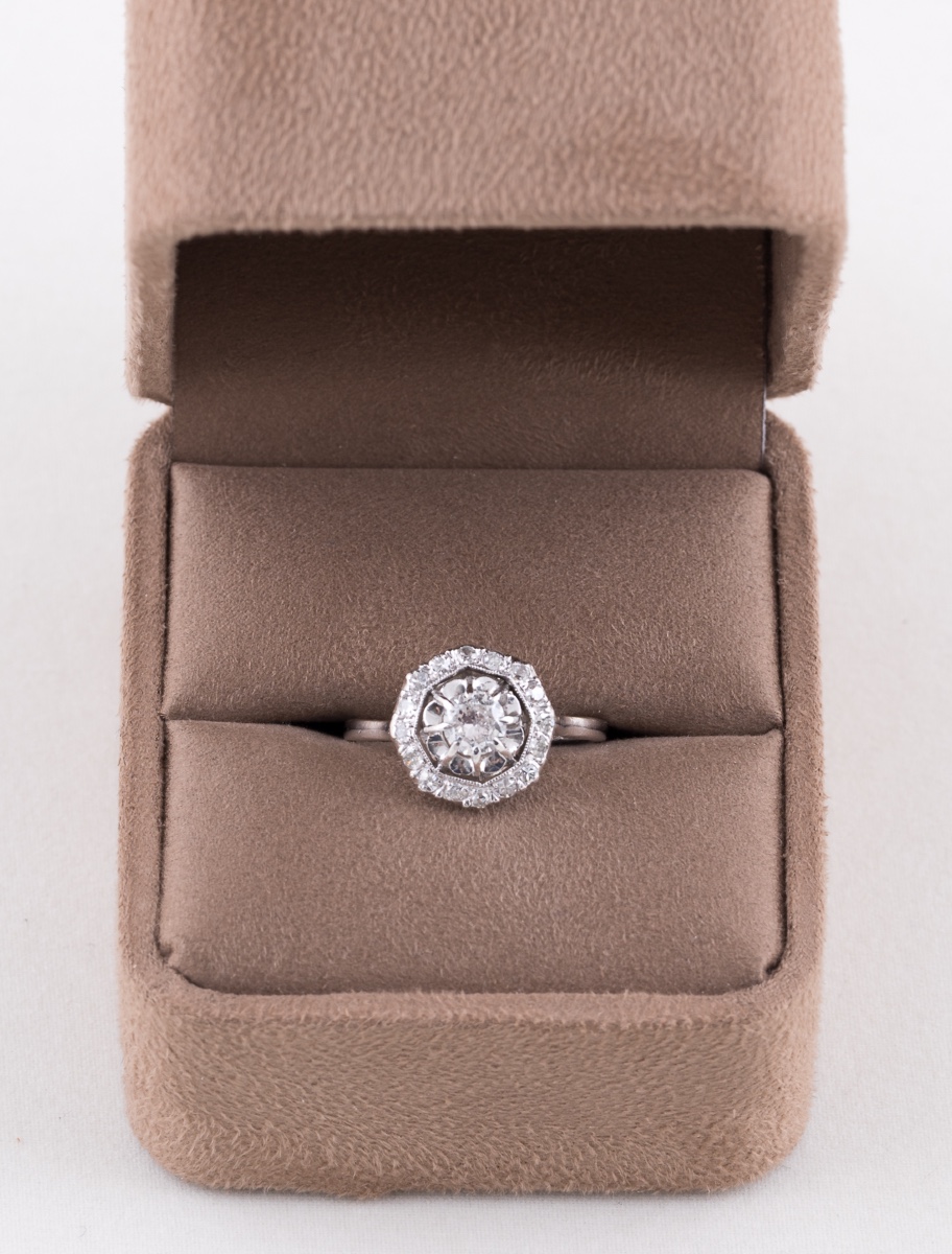 Octagonal Art Deco Platinum & Diamond Ring-photo-1