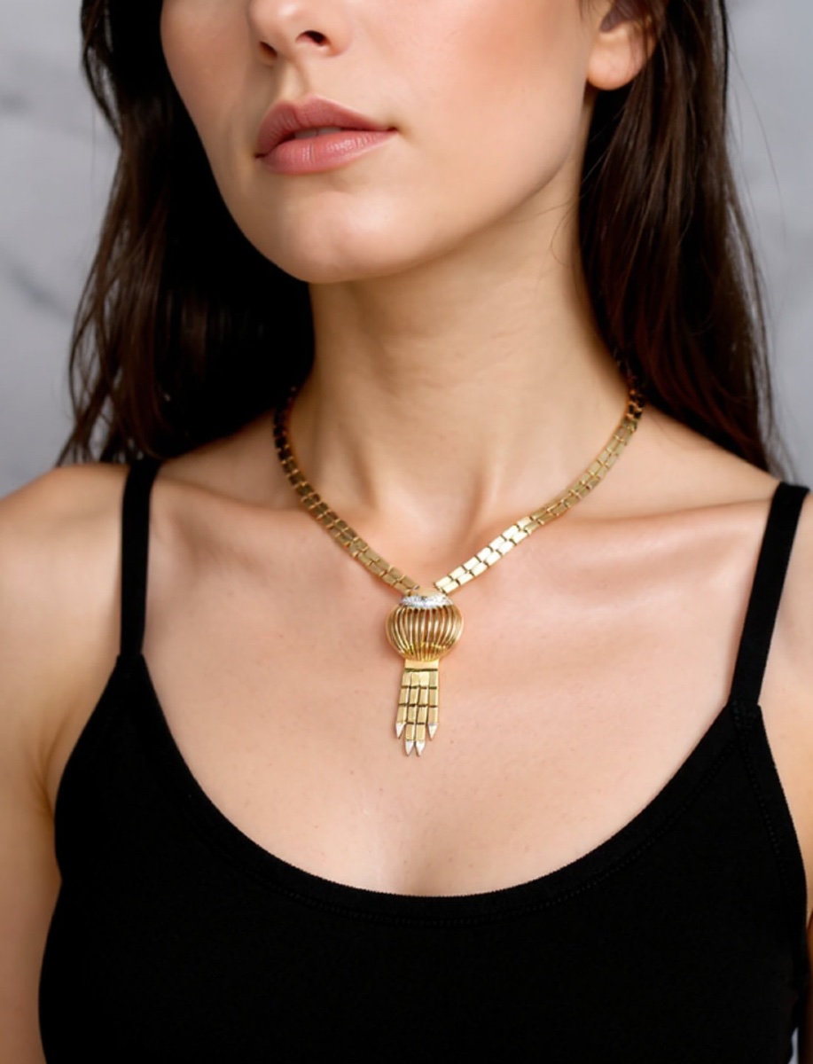 Art Deco Yellow Gold & Diamond Necklace-photo-3