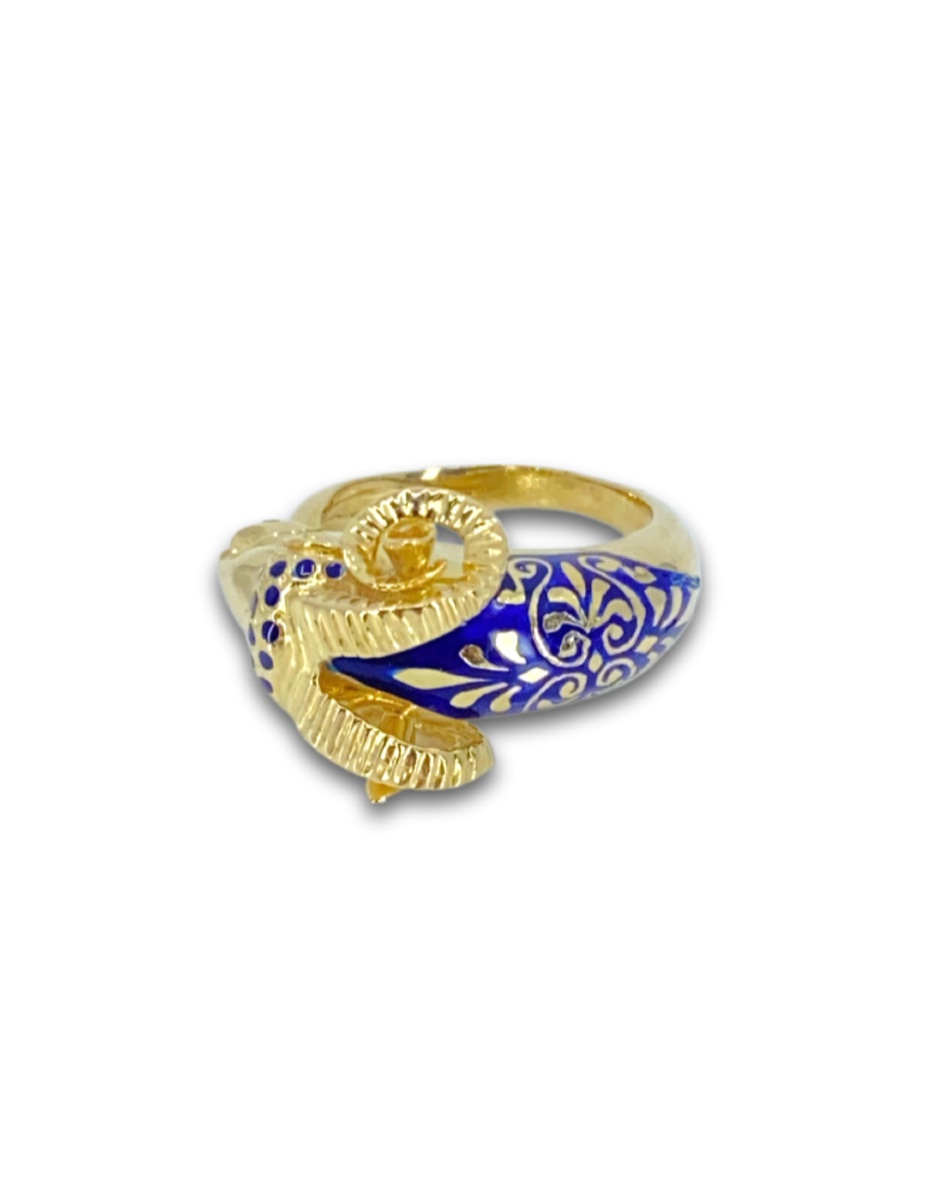 Yellow Gold & Blue Enamel Ram's Head Ring-photo-2