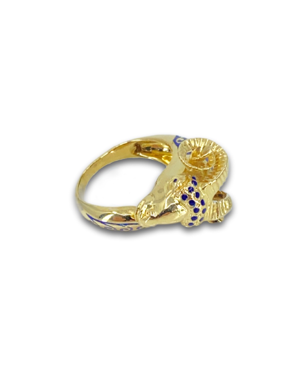 Yellow Gold & Blue Enamel Ram's Head Ring-photo-3