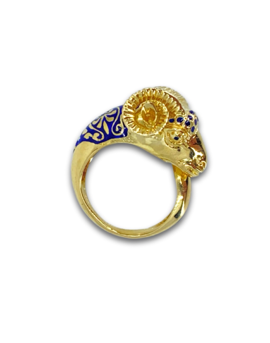 Yellow Gold & Blue Enamel Ram's Head Ring-photo-4