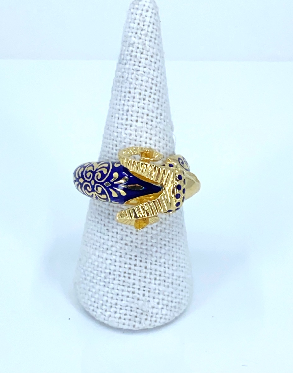Yellow Gold & Blue Enamel Ram's Head Ring-photo-2