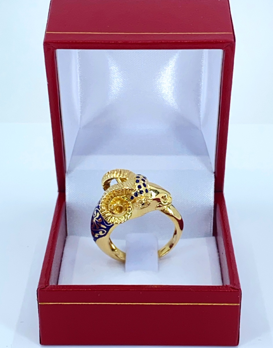 Yellow Gold & Blue Enamel Ram's Head Ring-photo-3