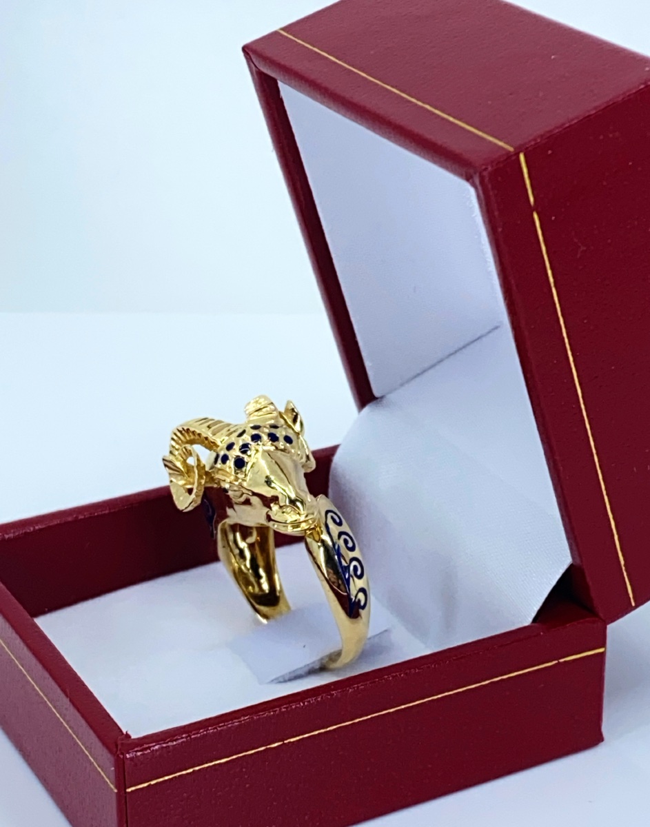 Yellow Gold & Blue Enamel Ram's Head Ring-photo-4