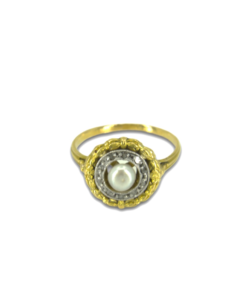 Vintage 2 Gold Ring, Natural Pearl & Diamonds-photo-2