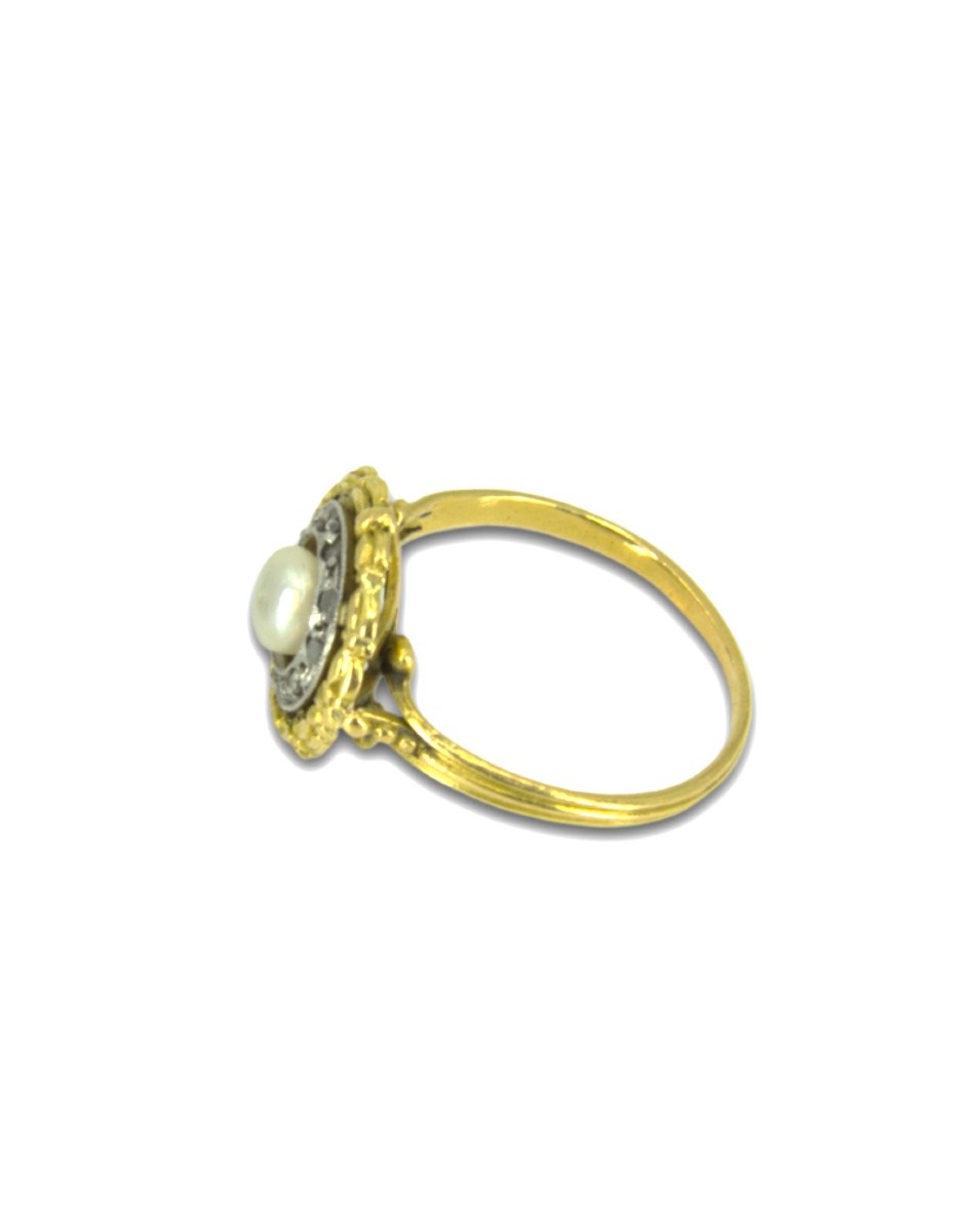 Vintage 2 Gold Ring, Natural Pearl & Diamonds-photo-3