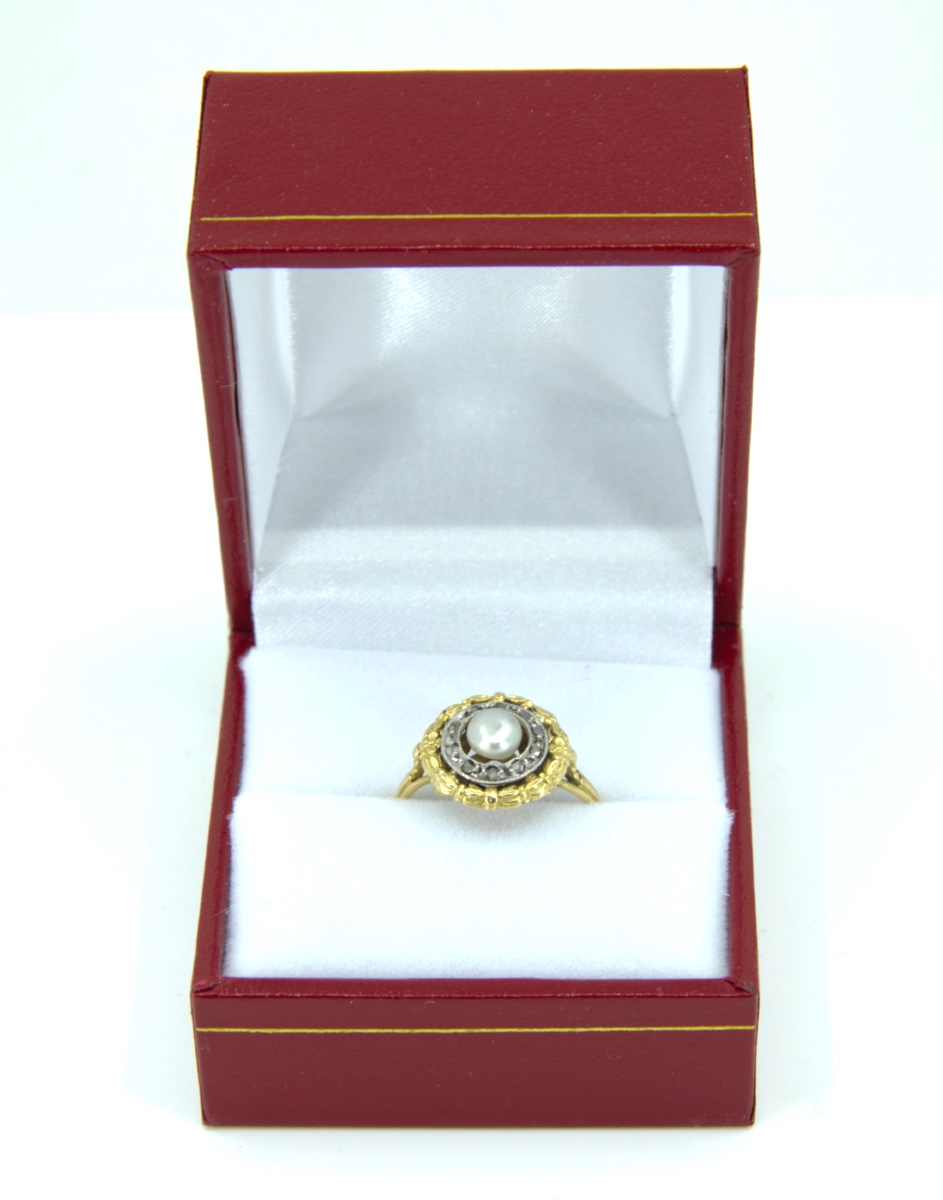 Vintage 2 Gold Ring, Natural Pearl & Diamonds-photo-1