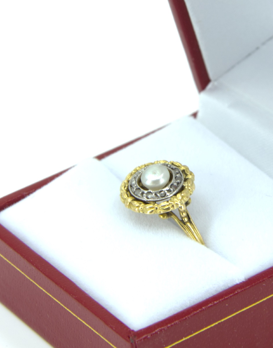 Vintage 2 Gold Ring, Natural Pearl & Diamonds-photo-2