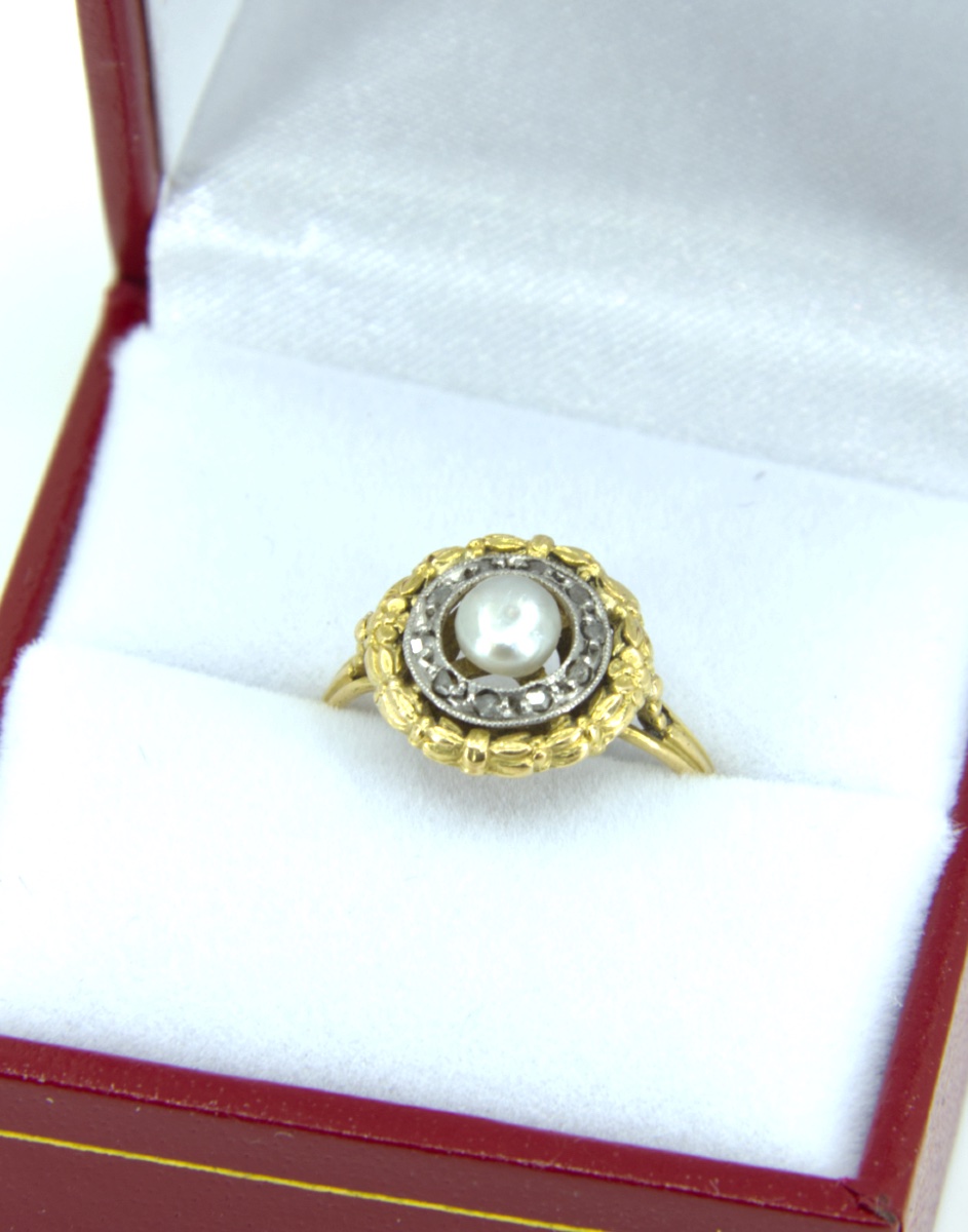 Vintage 2 Gold Ring, Natural Pearl & Diamonds-photo-3