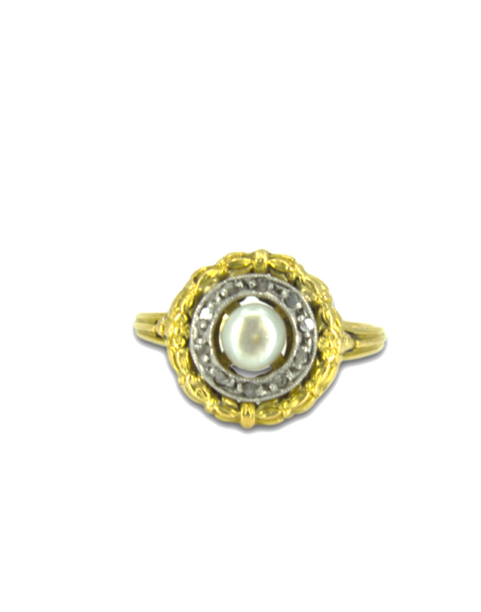 Vintage 2 Gold Ring, Natural Pearl & Diamonds