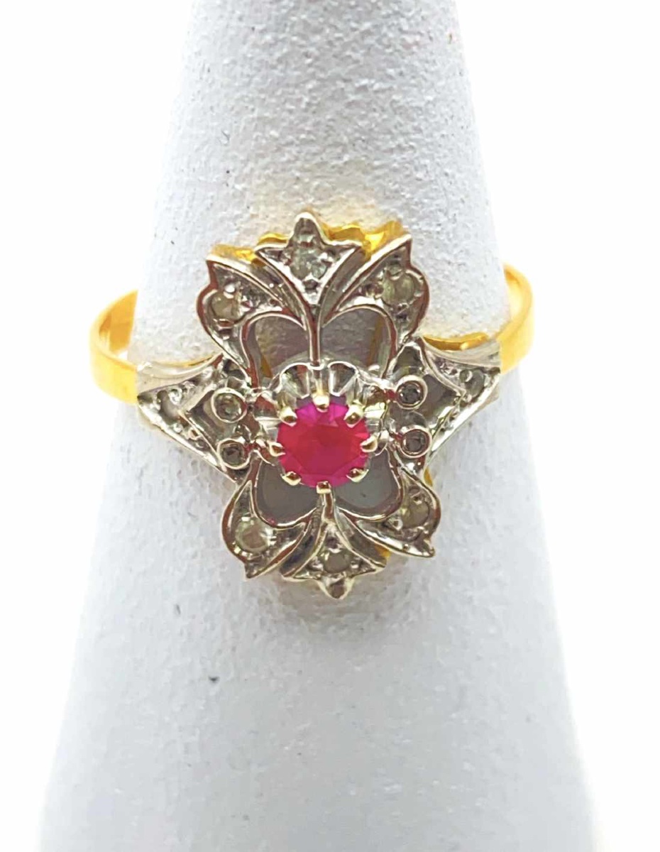   Bague Marquise Antique Or 18k Rubis et Diamants-photo-2