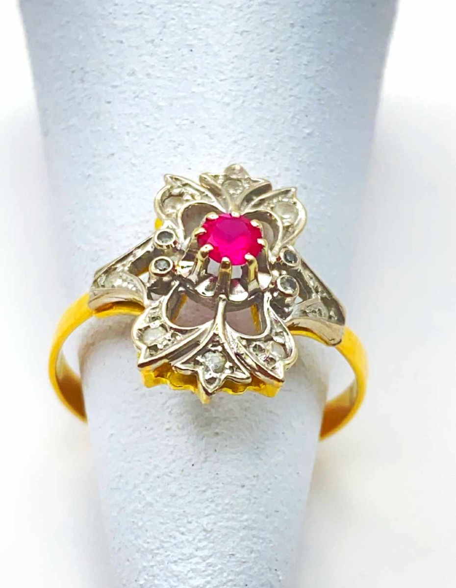   Bague Marquise Antique Or 18k Rubis et Diamants-photo-3