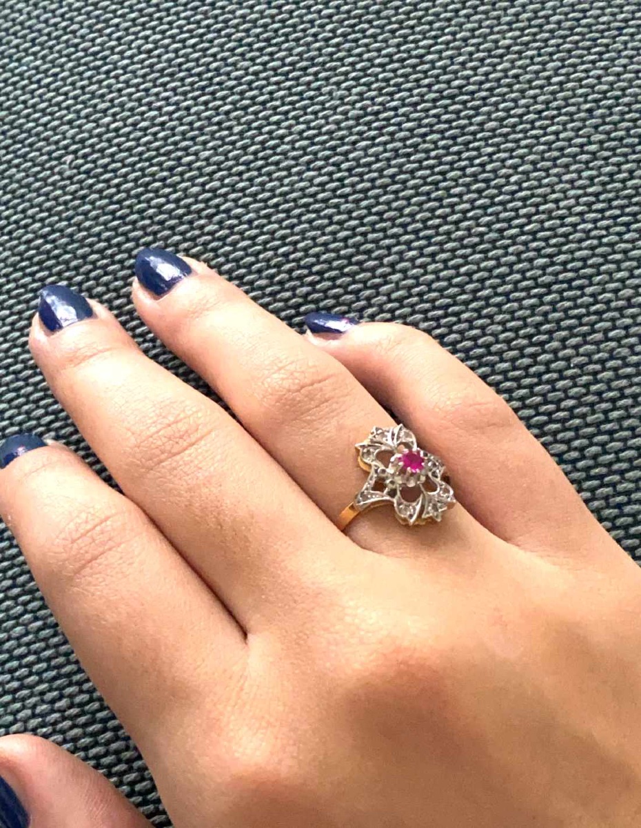   Bague Marquise Antique Or 18k Rubis et Diamants-photo-1