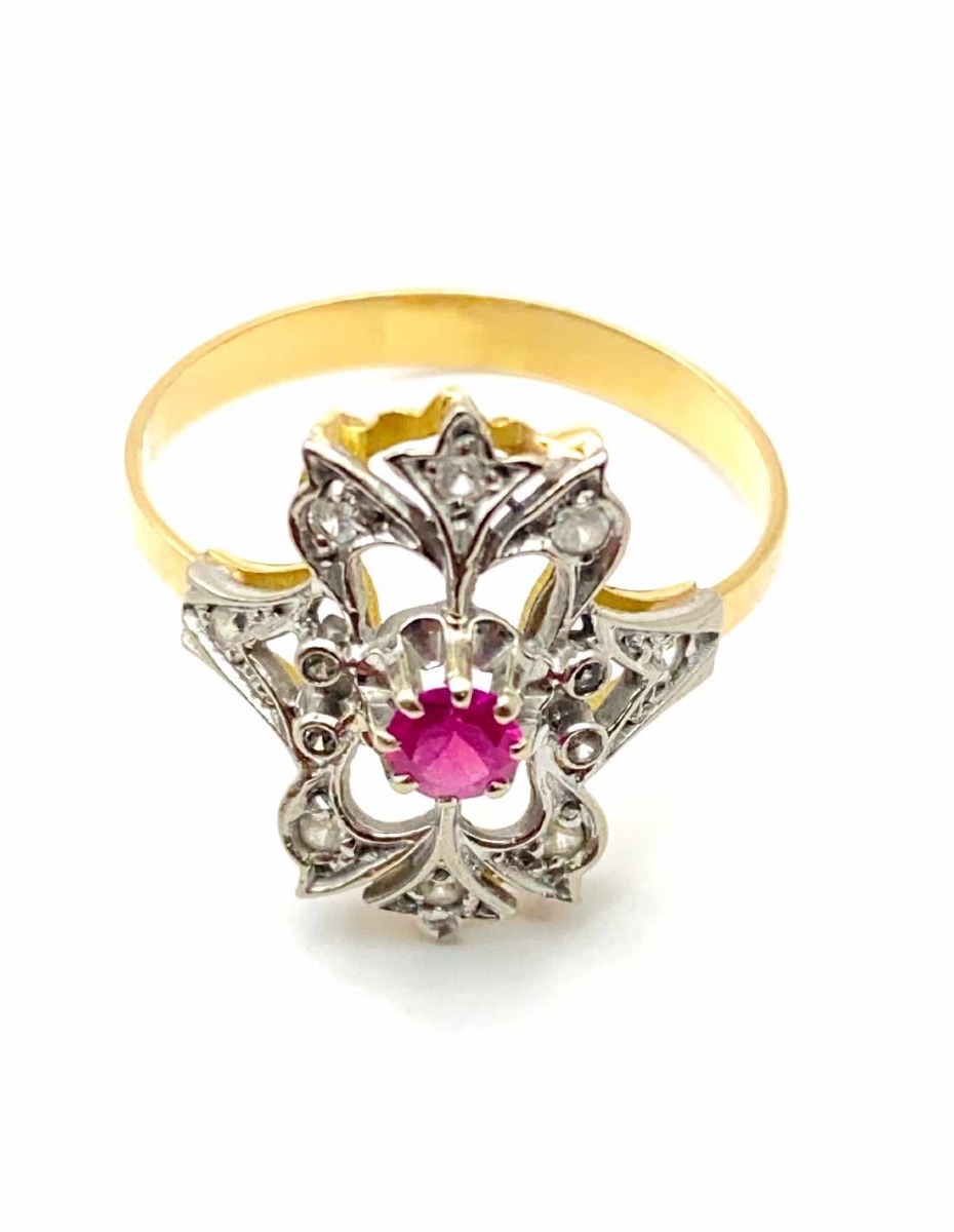   Bague Marquise Antique Or 18k Rubis et Diamants