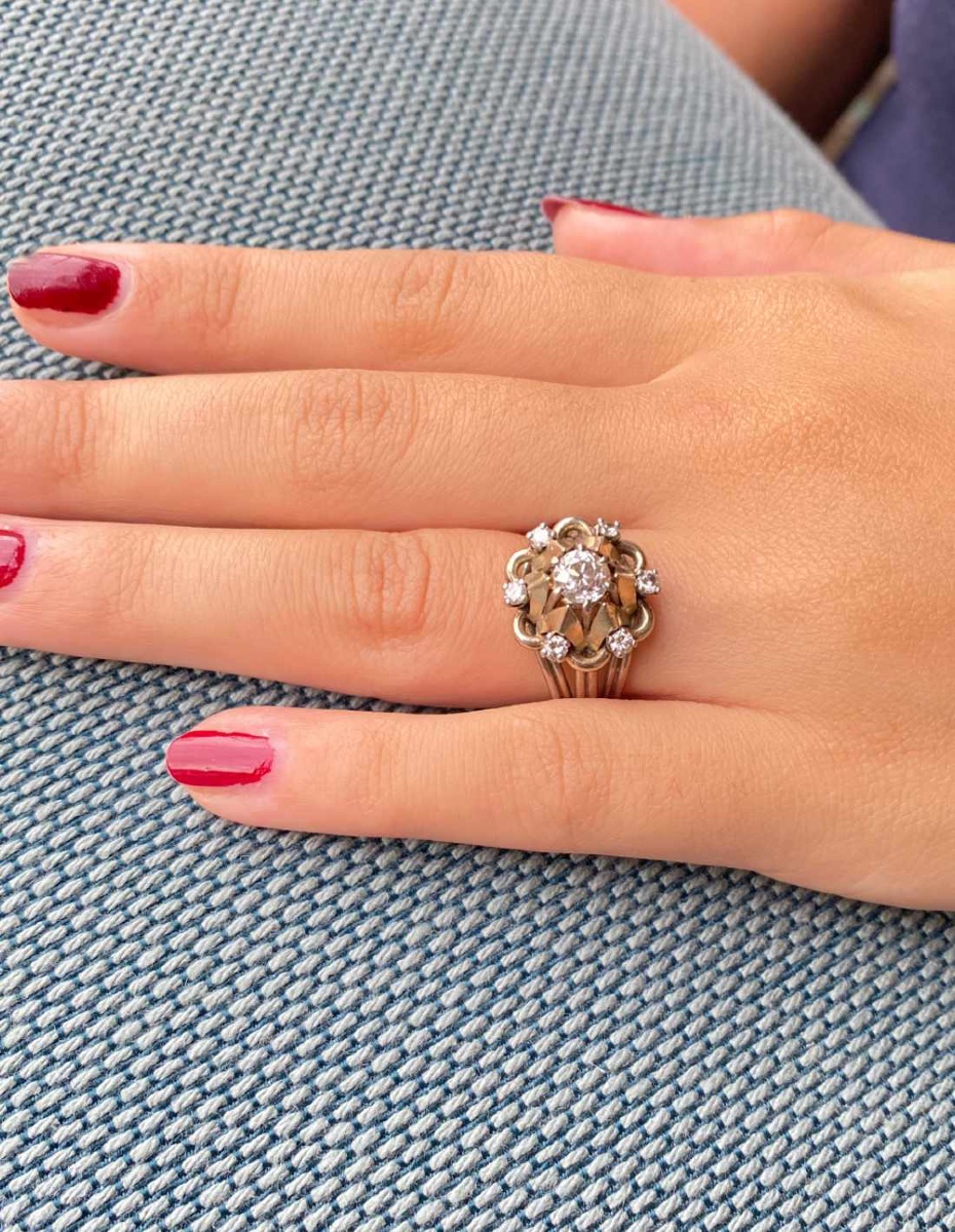 Bague Vintage Or Gris, Platine et Diamants-photo-3