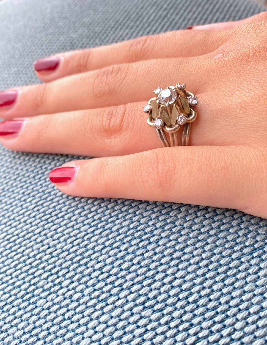 Bague Vintage Or Gris, Platine et Diamants-photo-4