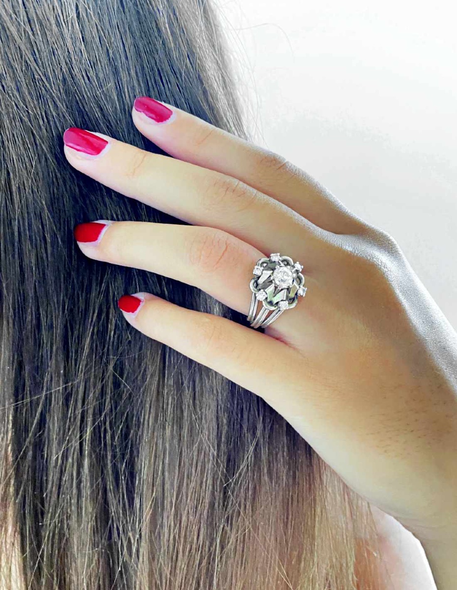 Bague Vintage Or Gris, Platine et Diamants-photo-1