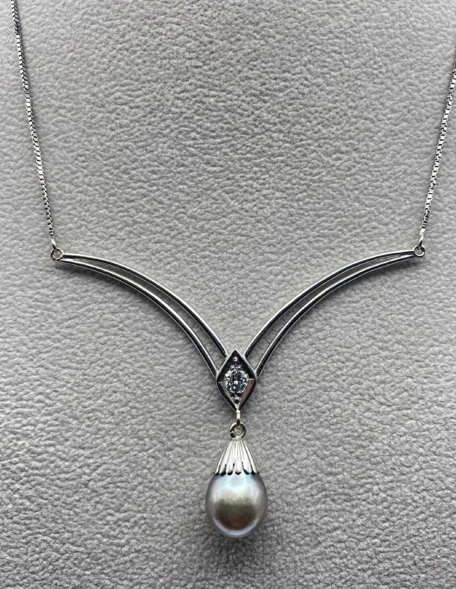 Collier Pendentif Or Blanc 18K, Diamant & Perle-photo-2