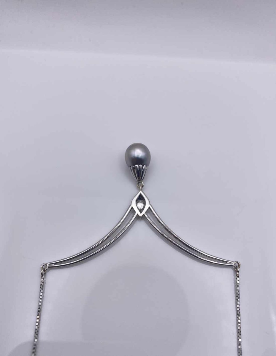 Collier Pendentif Or Blanc 18K, Diamant & Perle-photo-3