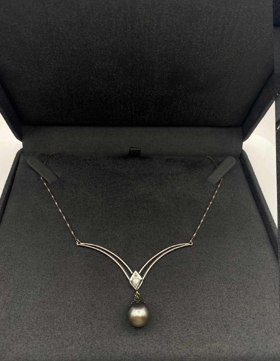 Collier Pendentif Or Blanc 18K, Diamant & Perle-photo-4