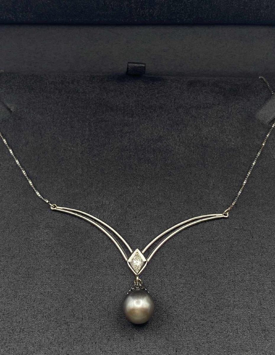 Collier Pendentif Or Blanc 18K, Diamant & Perle-photo-1