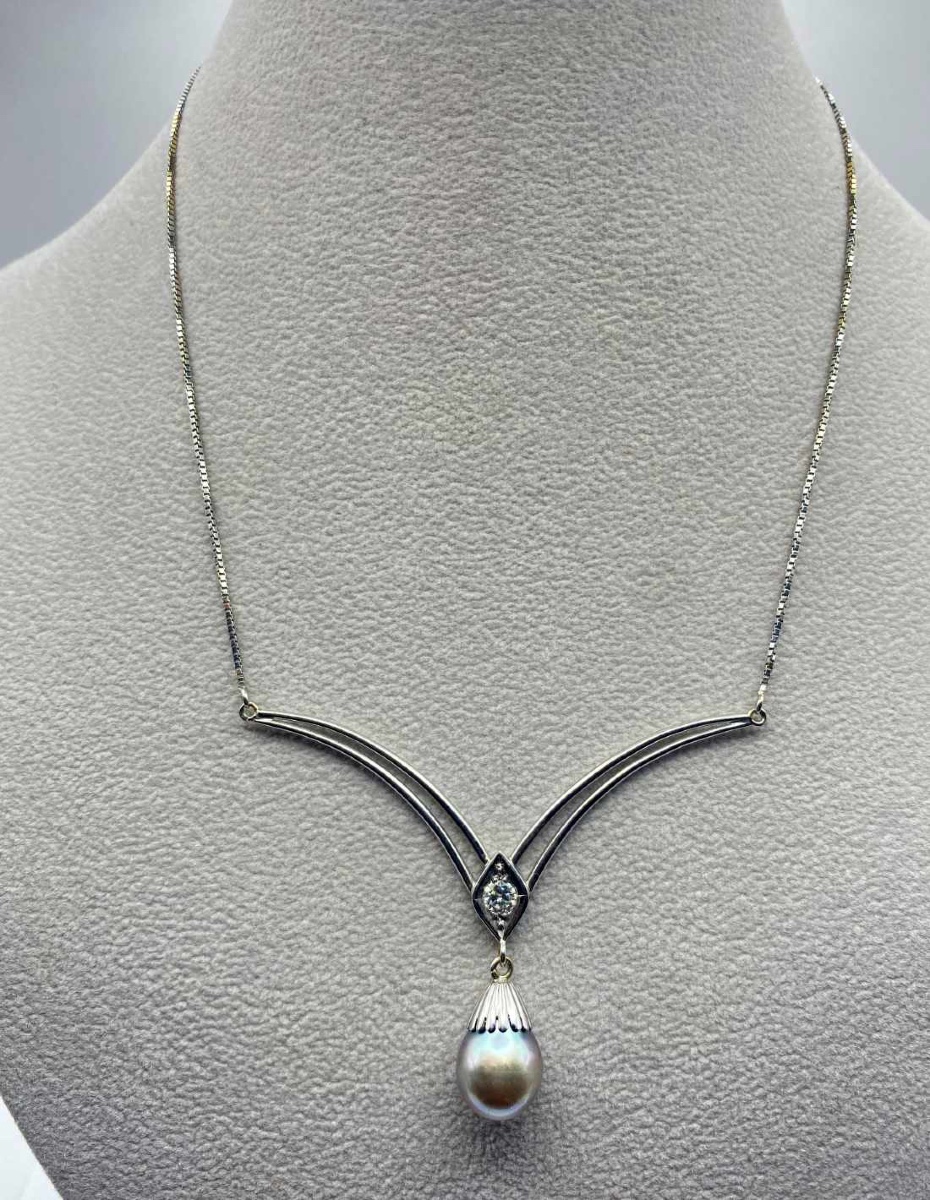 Collier Pendentif Or Blanc 18K, Diamant & Perle