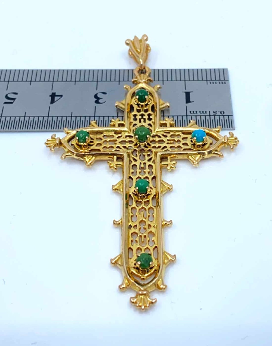 Pendentif Grande Croix du Pont D'Estaing Or Jaune & Turquoises-photo-3